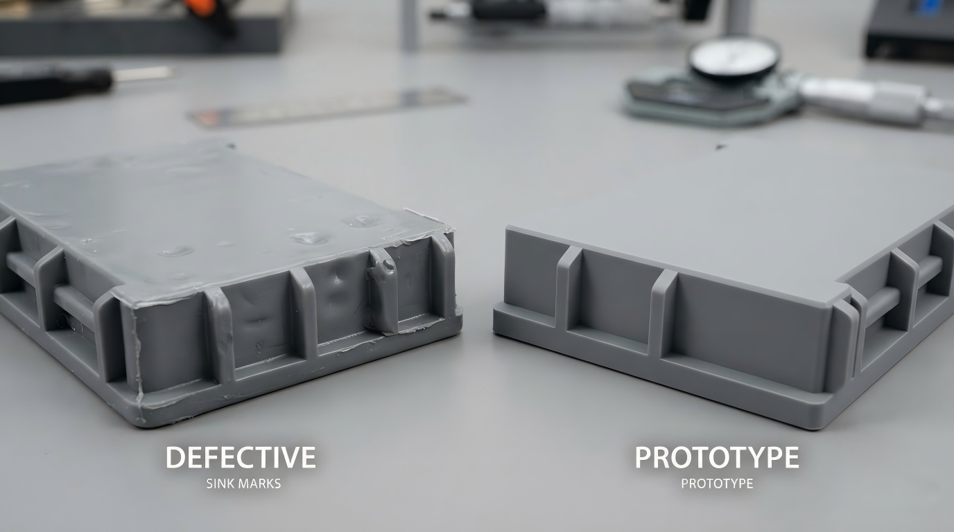Defective plastic prototype part showing sink marks and cracks from bad manufacturing