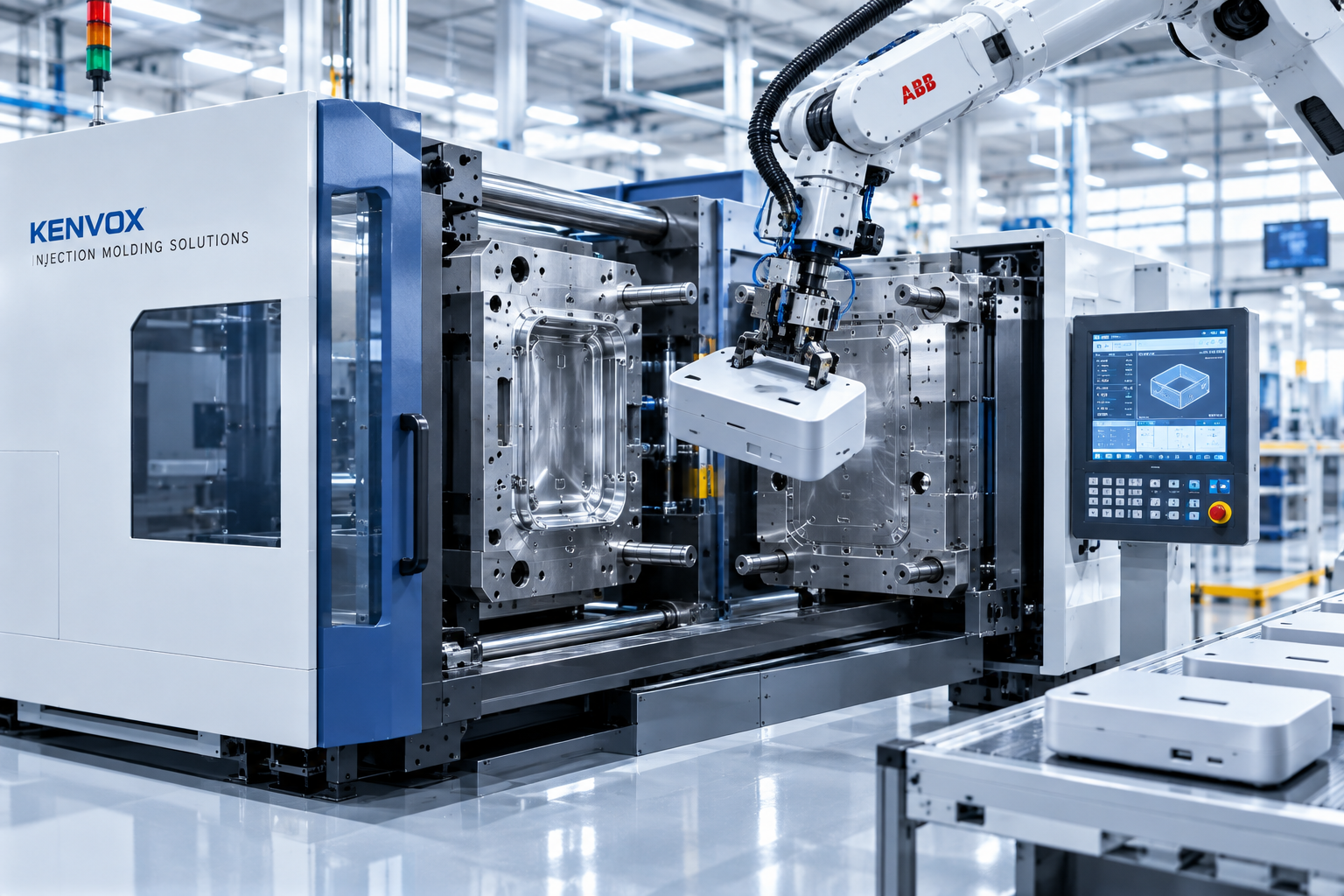 Industrial plastic injection molding machine in modern factory workshop