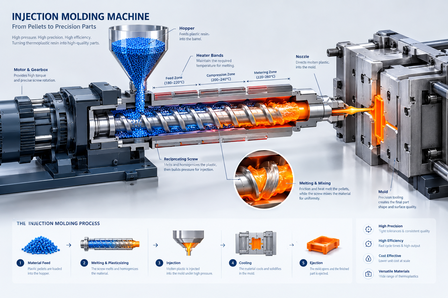 Cross-section diagram of injection molding screw barrel and mold cavity filling
