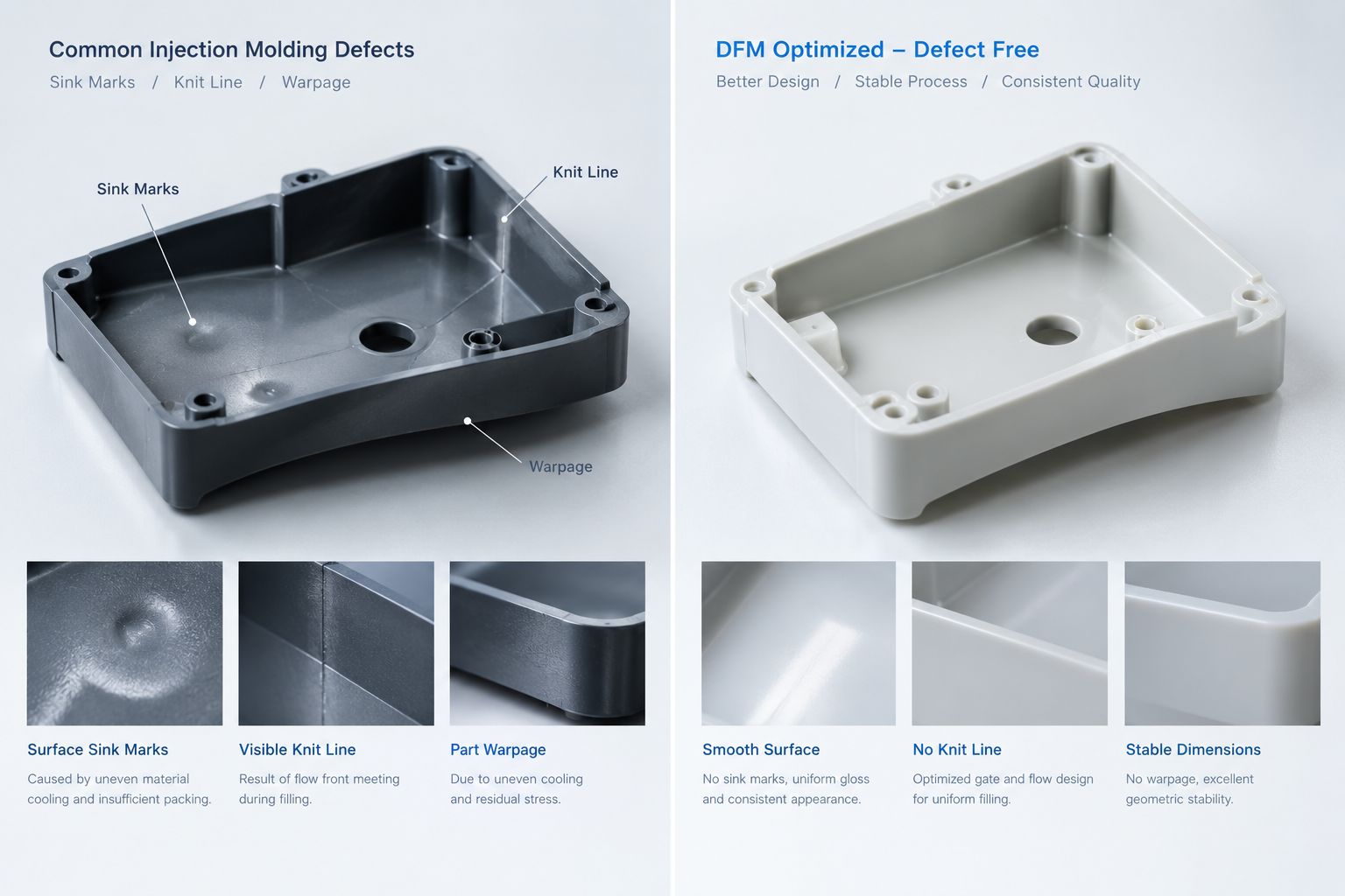 Injection molding defect comparison showing sink marks warpage and knit lines