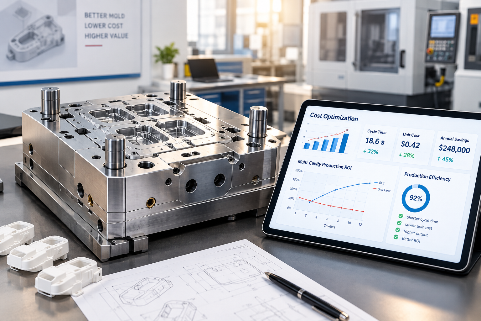 Injection mold tooling cost breakdown and multi-cavity production chart