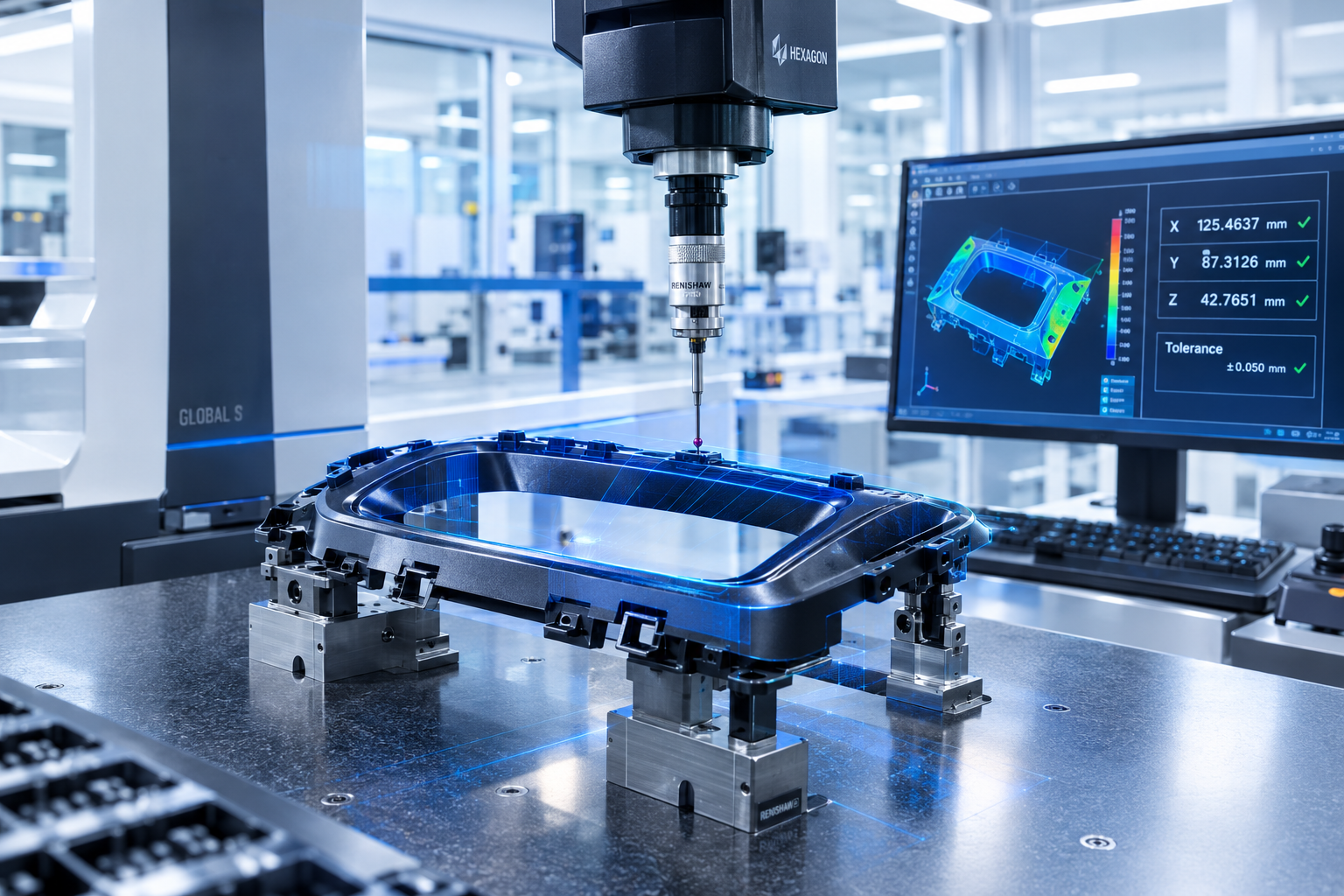 Quality control inspector measuring plastic injection molded parts using CMM machine
