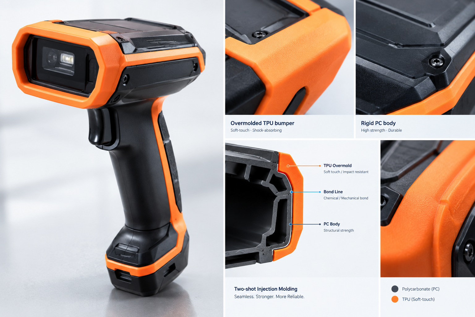 Two-shot 2K injection molded waterproof handheld case design case study