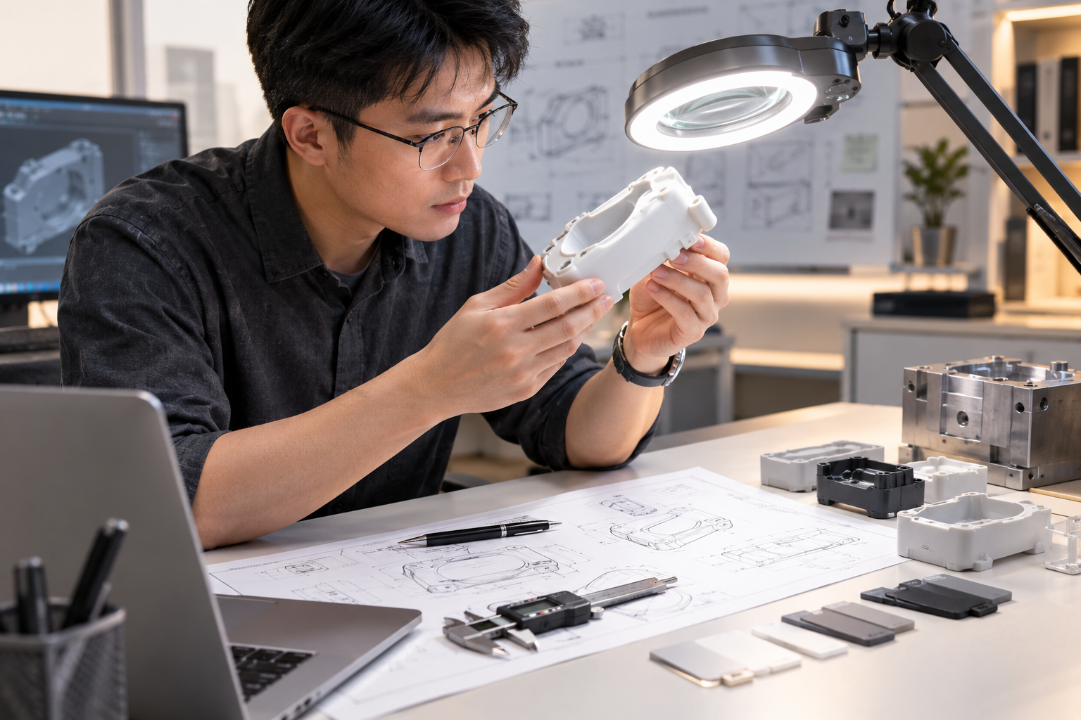 Product designer examining plastic mold tooling questions and gate designs