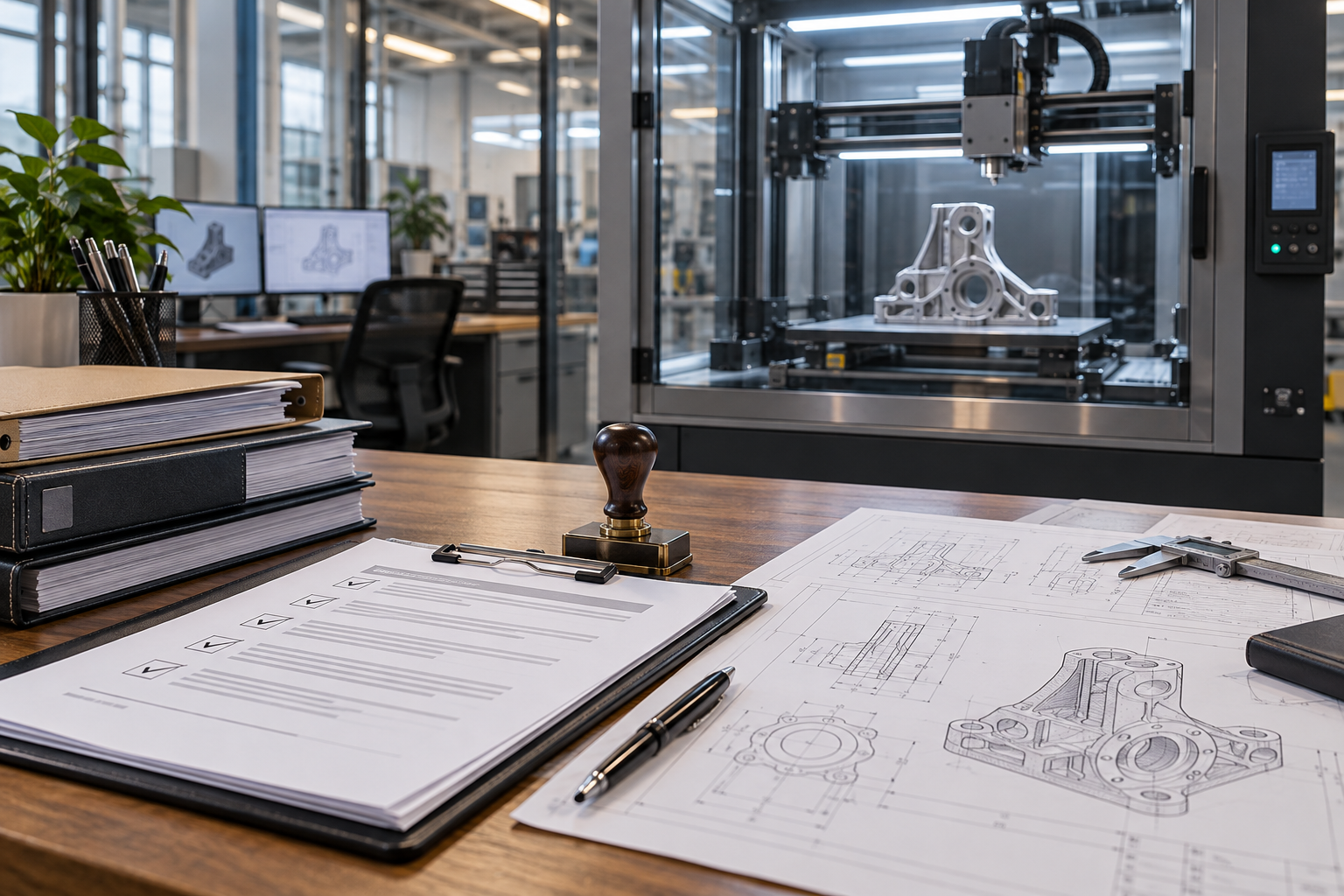 Industrial 3D printer building mechanical prototypes alongside compliance checklist and patent documents