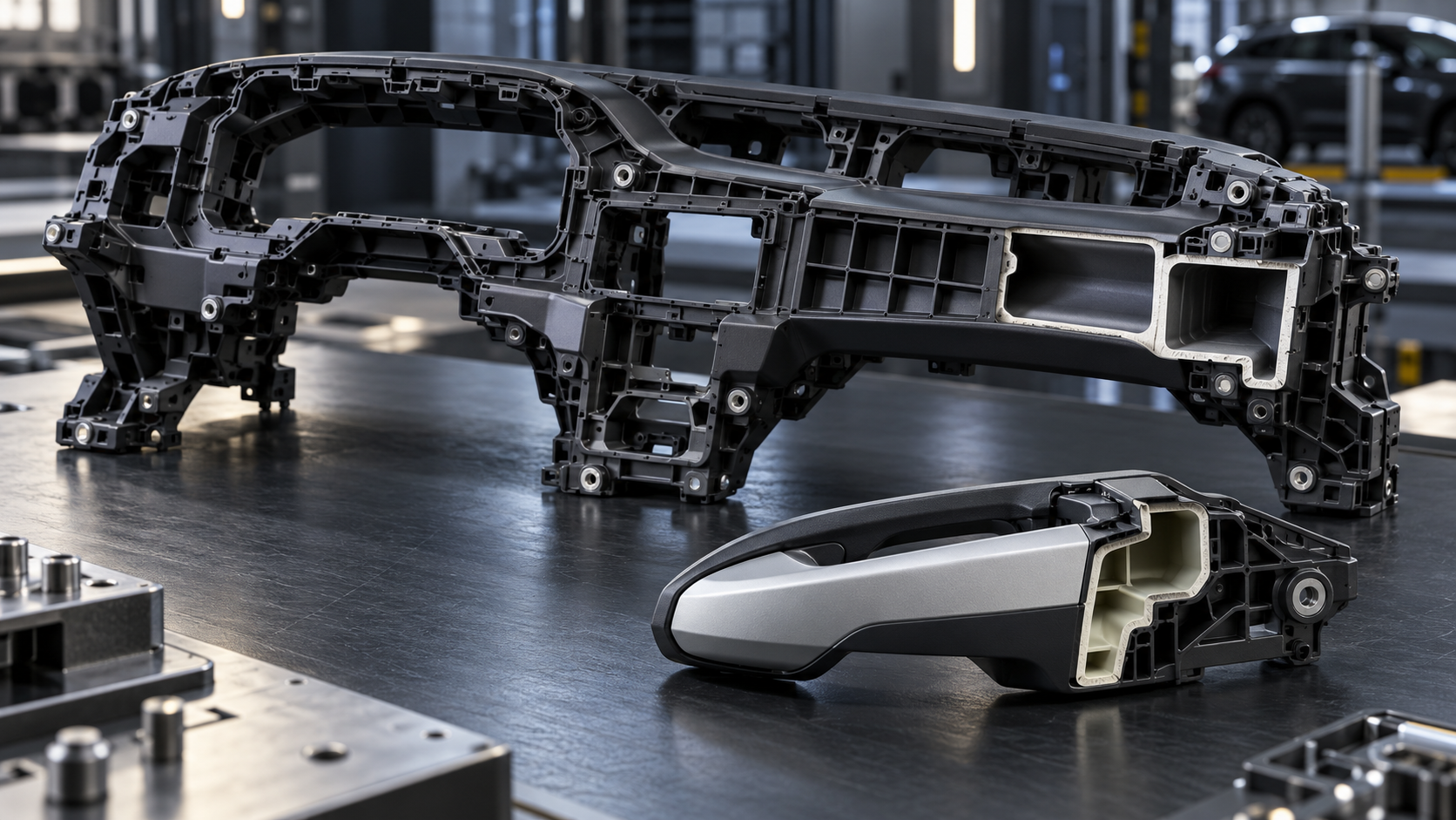 Comparison of rigid HDPE automotive fender liner and flexible LDPE plastic grommet