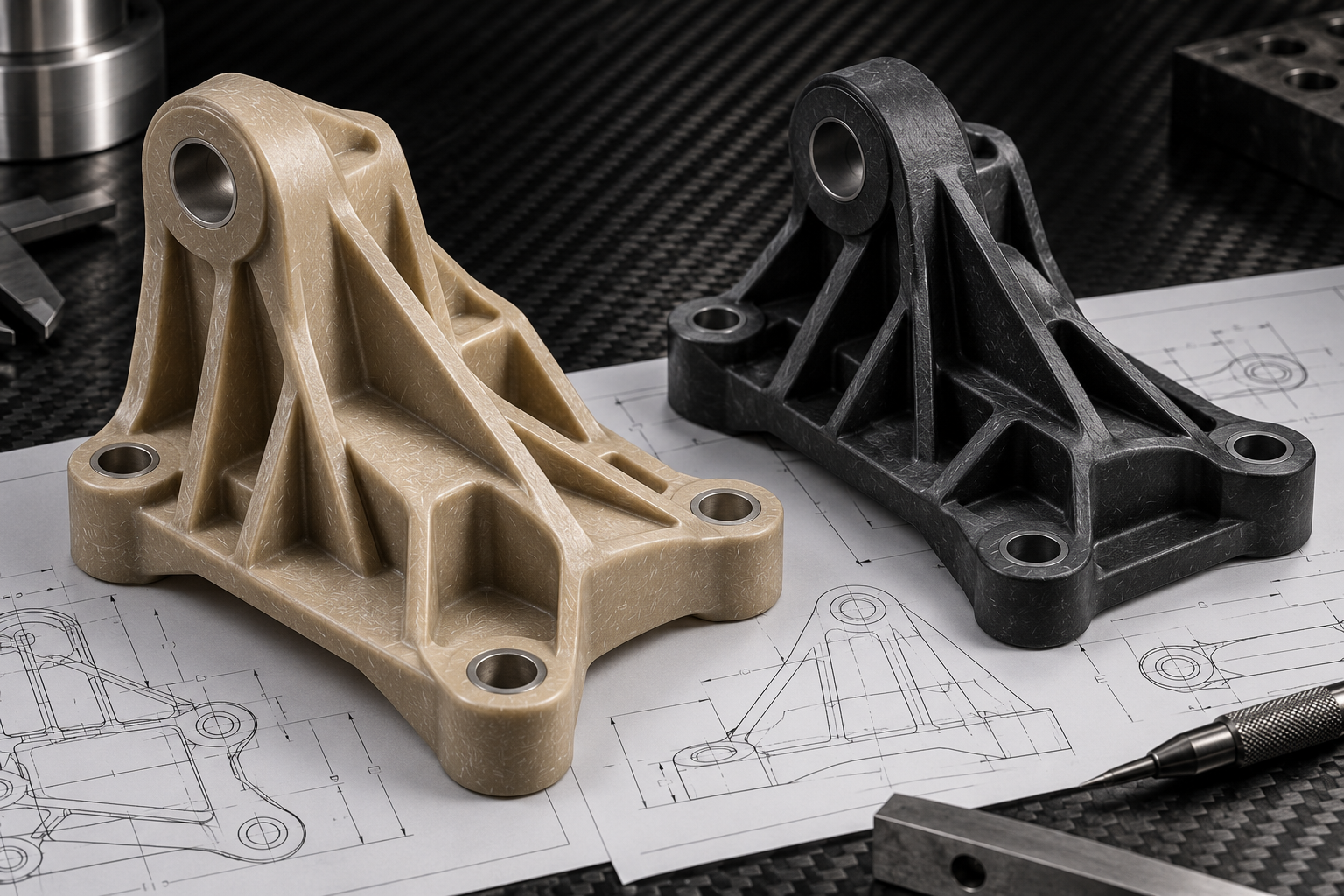 High performance glass-filled PEEK and PA66 automotive structural engine bracket