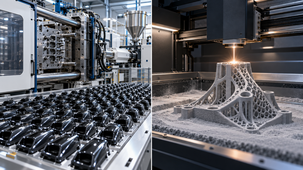 Injection molding machine side-by-side with industrial 3D printer in modern factory